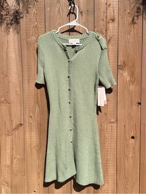 Short-Sleeve Button-Front Knit Mini Dress in Sage Green